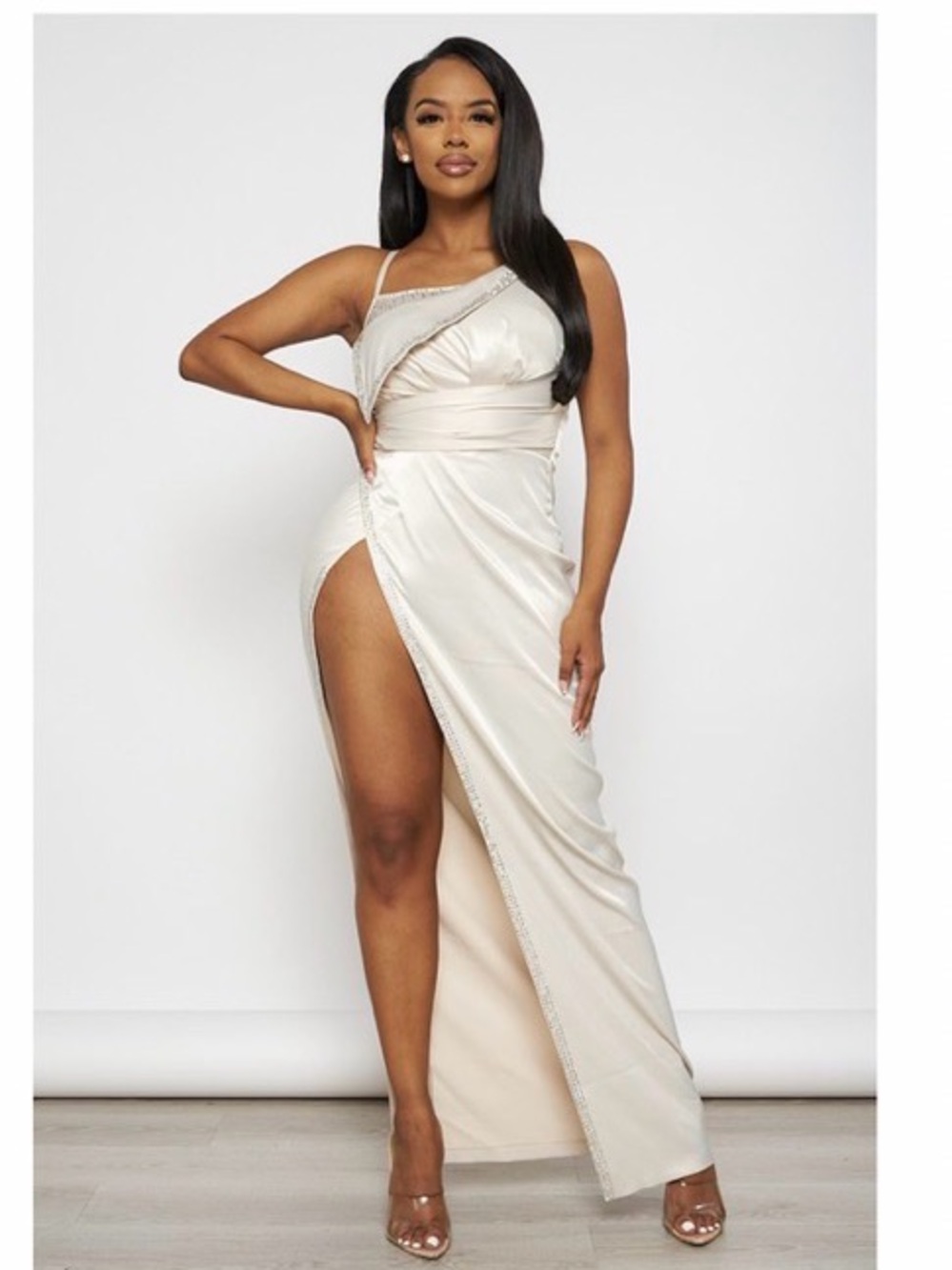 Elegant Ivory Beaded Evening Dress